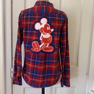 Mickey Mouse Hand Made Upcycled Flannel Plaid Boyfriend Shirt M-L Unisex